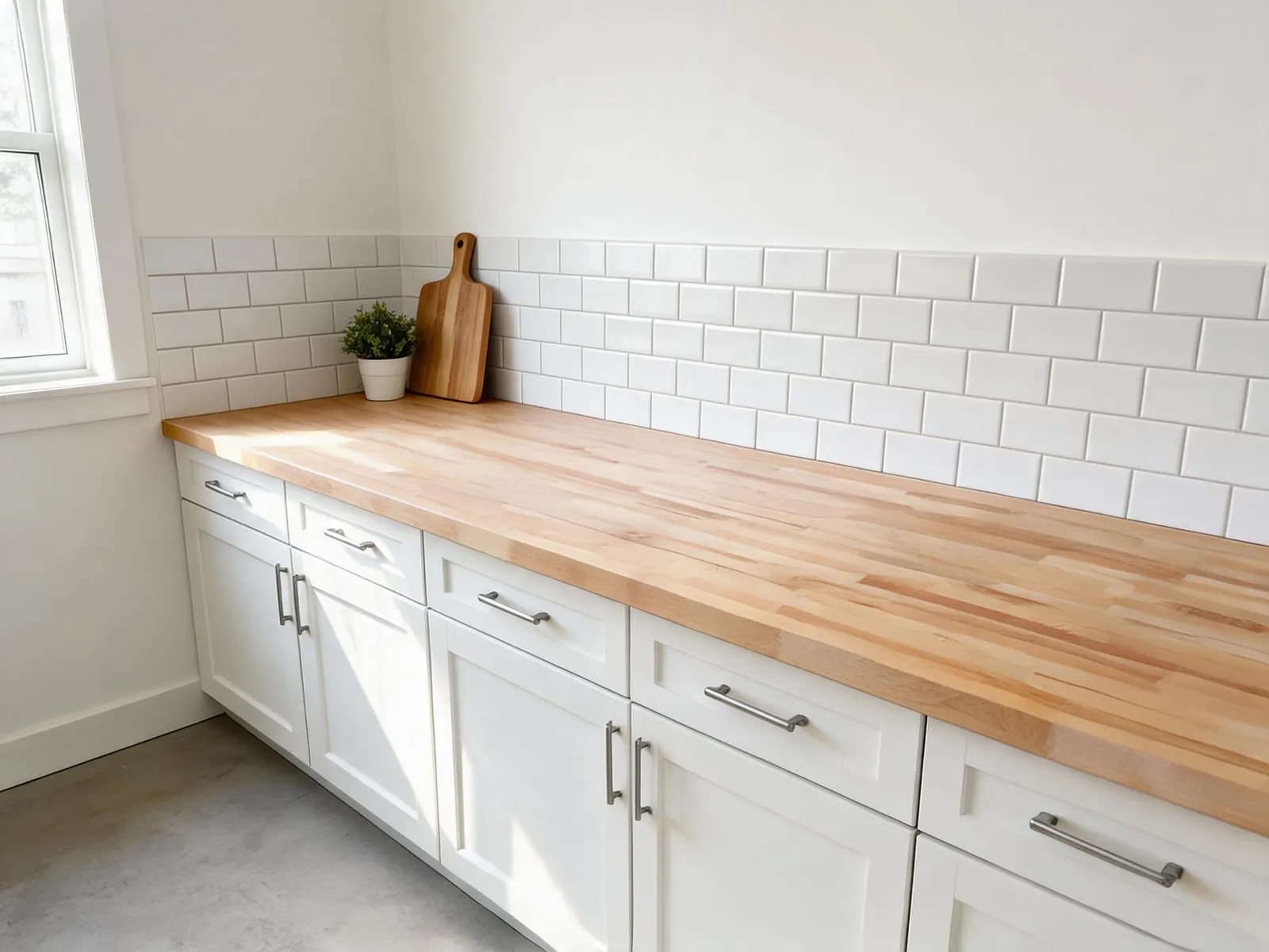 Butcher block countertop in a white kitchen