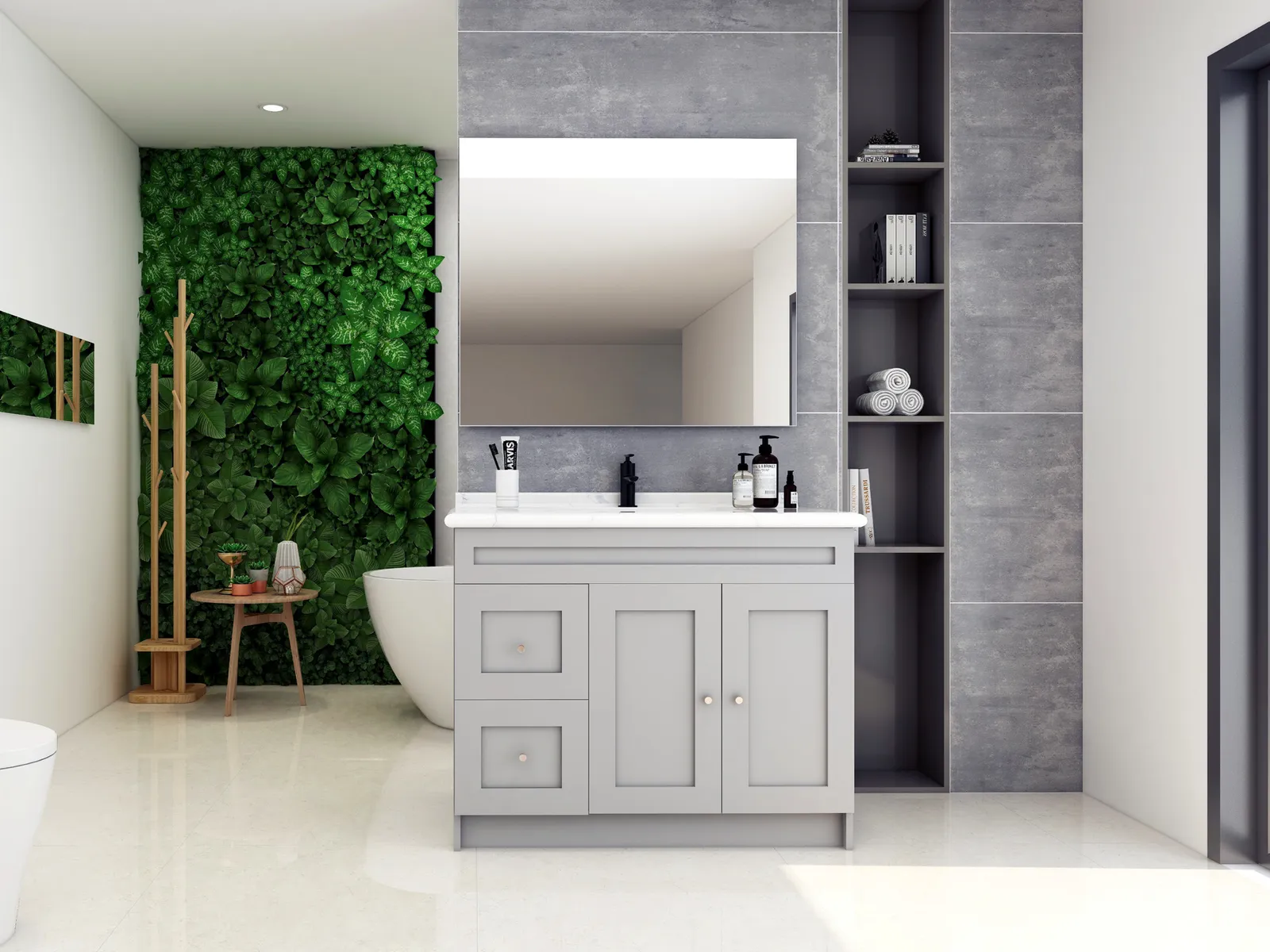 Grey shaker vanity in a modern bathroom