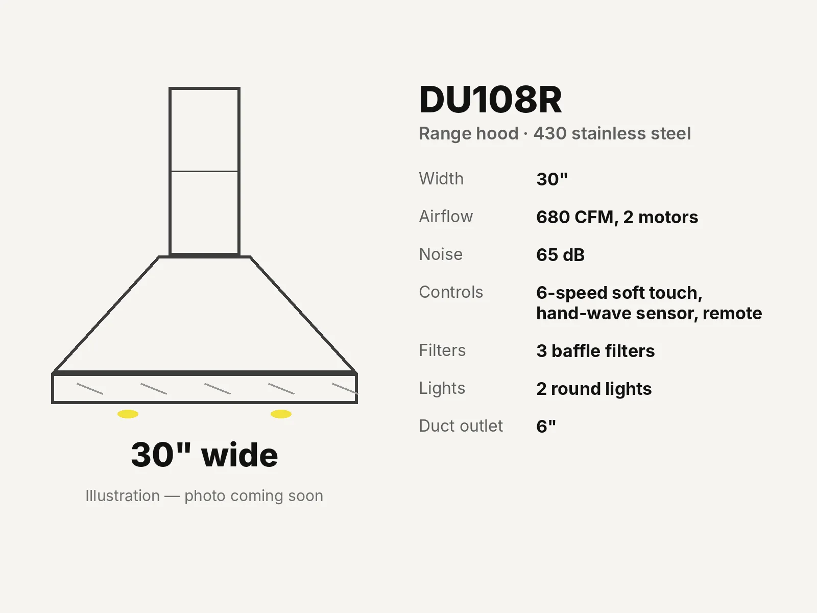30" Stainless Range Hood, 680 CFM, Hand-Wave Sensor specifications