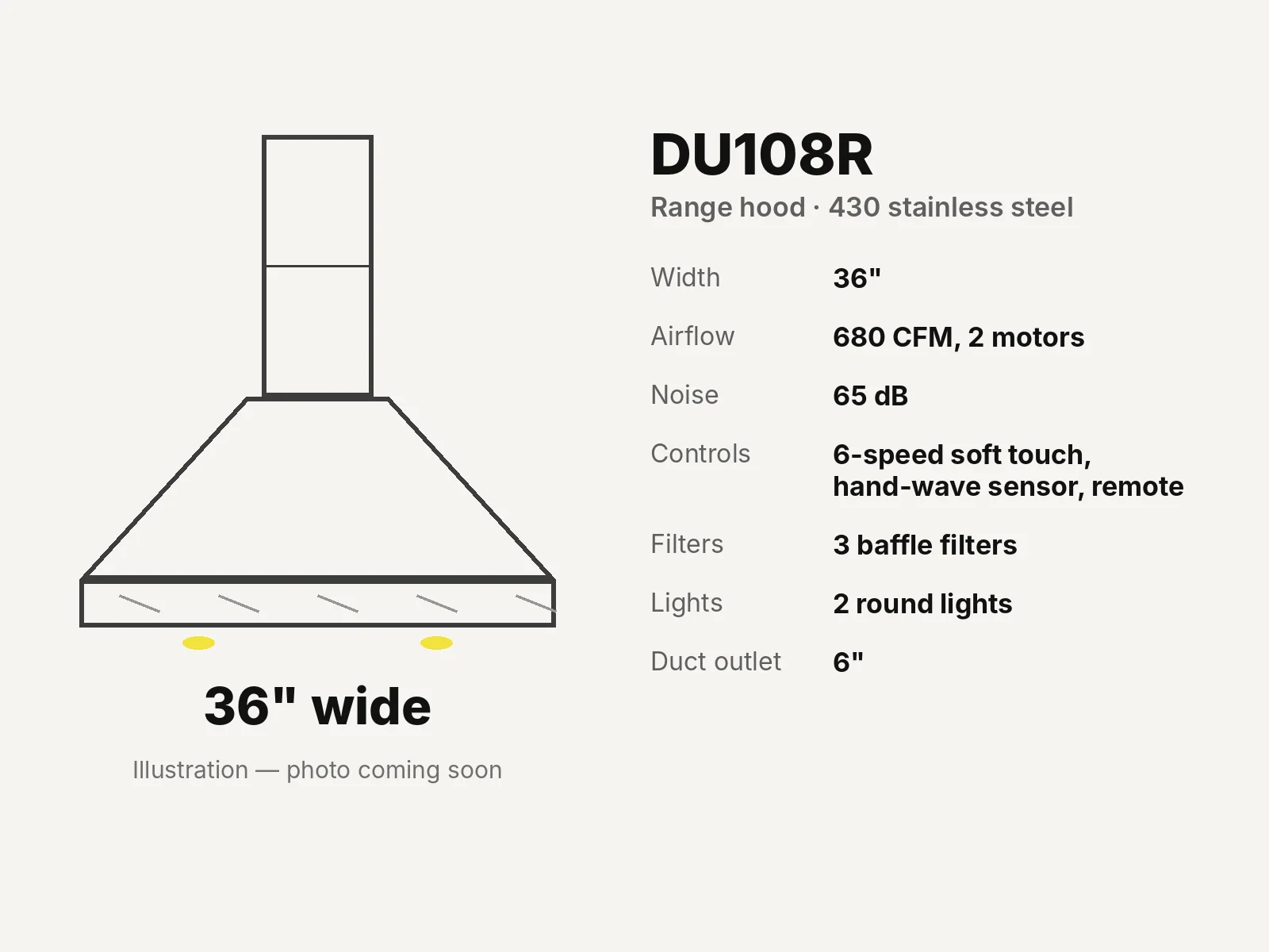 36" Stainless Range Hood, 680 CFM, Hand-Wave Sensor specifications